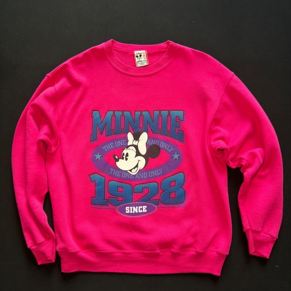 Vtg Disney Minnie Mouse‎ Sweatshirt Womens L Pink Cotton Poly Pullover USA